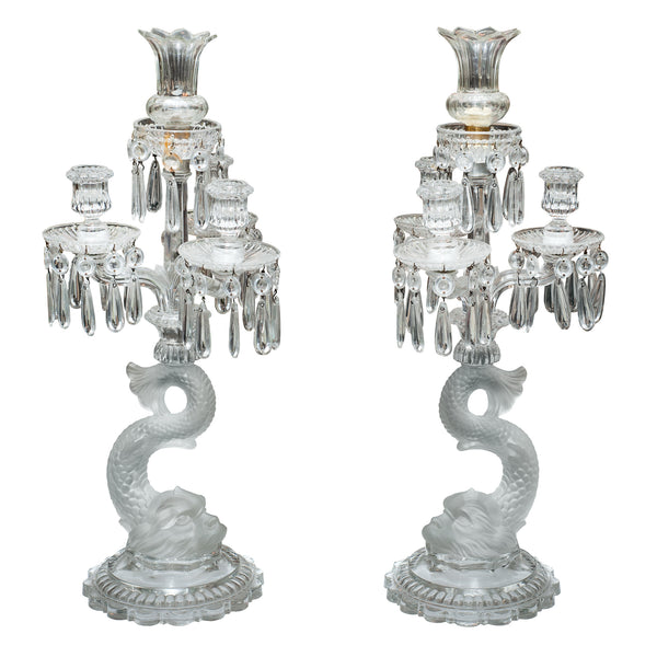 ANTIQUE PAIR OF BACCARAT DOLPHIN THREE ARMED CANDELABRAS