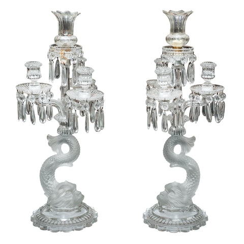 ANTIQUE PAIR OF BACCARAT DOLPHIN THREE ARMED CANDELABRAS