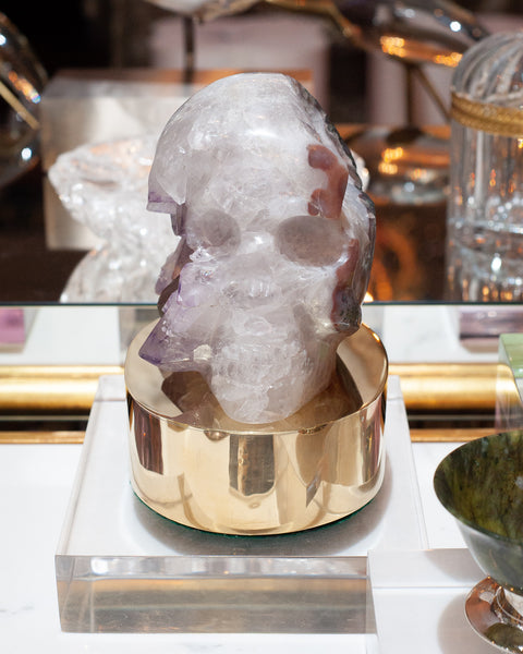 STUDIO MAISON NURITA QUARTZ AND AMETHYST SKULL CARVING ON BRASS BASE