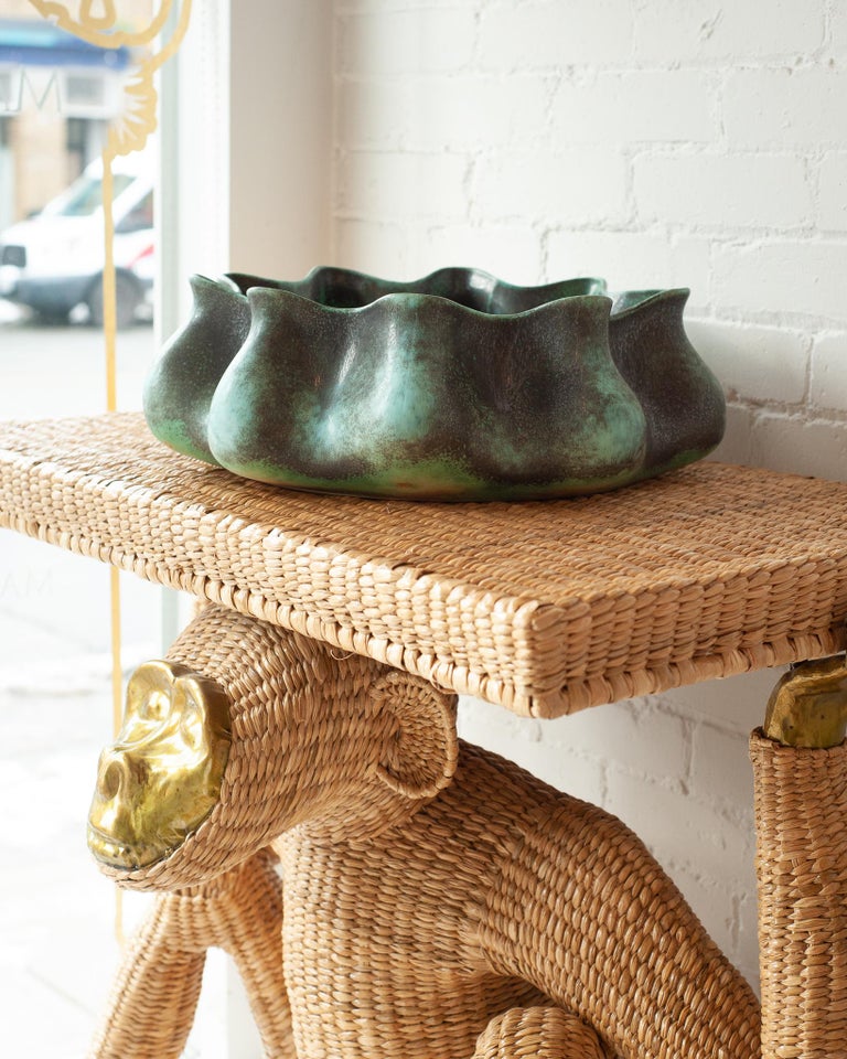 CONTEMPORARY LARGE GREEN AND METALLIC GLAZED BOWL