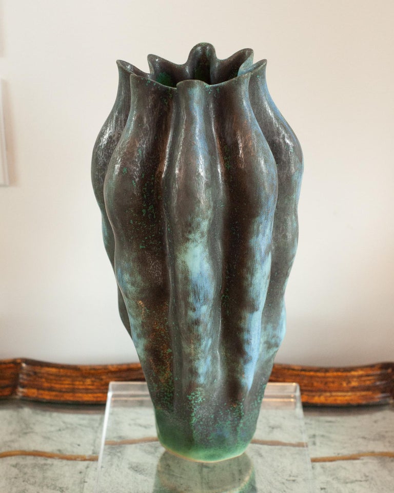 CONTEMPORARY LARGE GREEN GREEN AND METALLIC GLAZED VASE