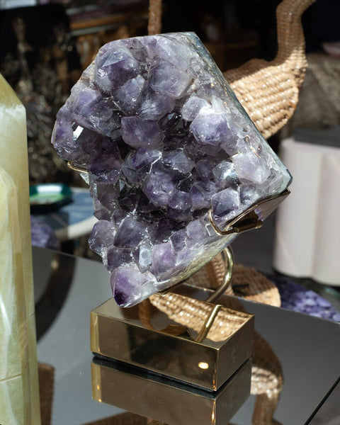 STUDIO MAISON NURITA LARGE AMETHYST SPECIMEN ON CUSTOM POLISHED BRASS BASE