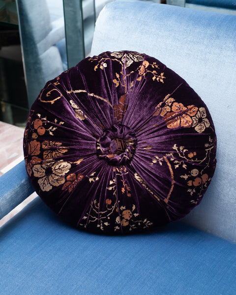 ROUND PURPLE & GOLD VELVET PILLOW