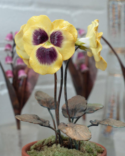 PORCELAIN PURPLE AND YELLOW THREE STEM PANSY IN TERRACOTTA POT