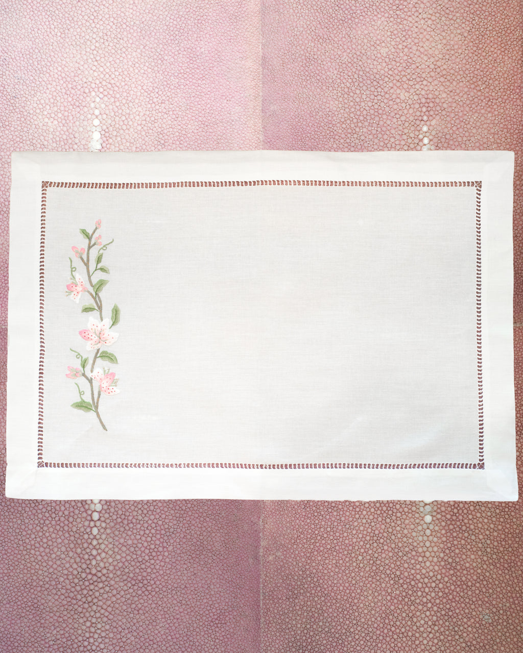 SET OF 12 LINEN PLACEMATS WITH EMBROIDERED PINK LILIES