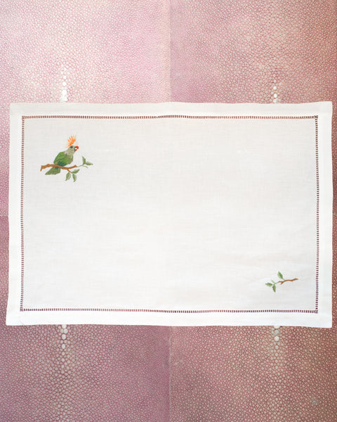SET OF 12 LINEN PLACEMATS WITH EMBROIDERED PARROTS