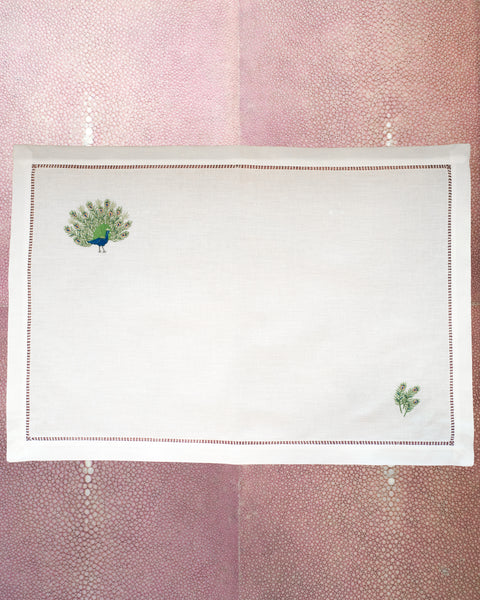 SET OF 12 LINEN PLACEMATS WITH EMBROIDERED PEACOCKS