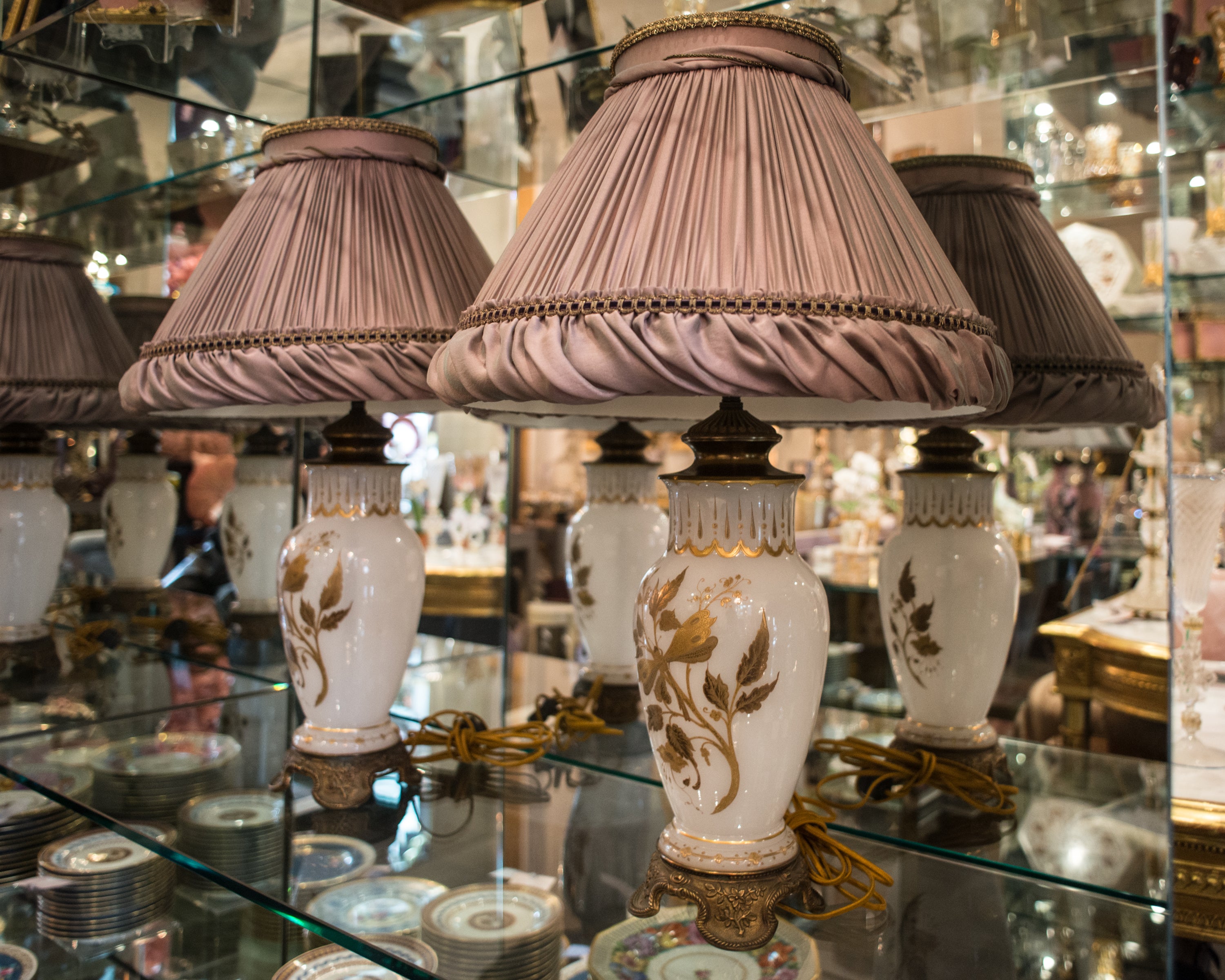 ANTIQUE FRENCH PAIR OF OPALINE WHITE & GOLD LAMPS WITH CUSTOM SILK SHADES