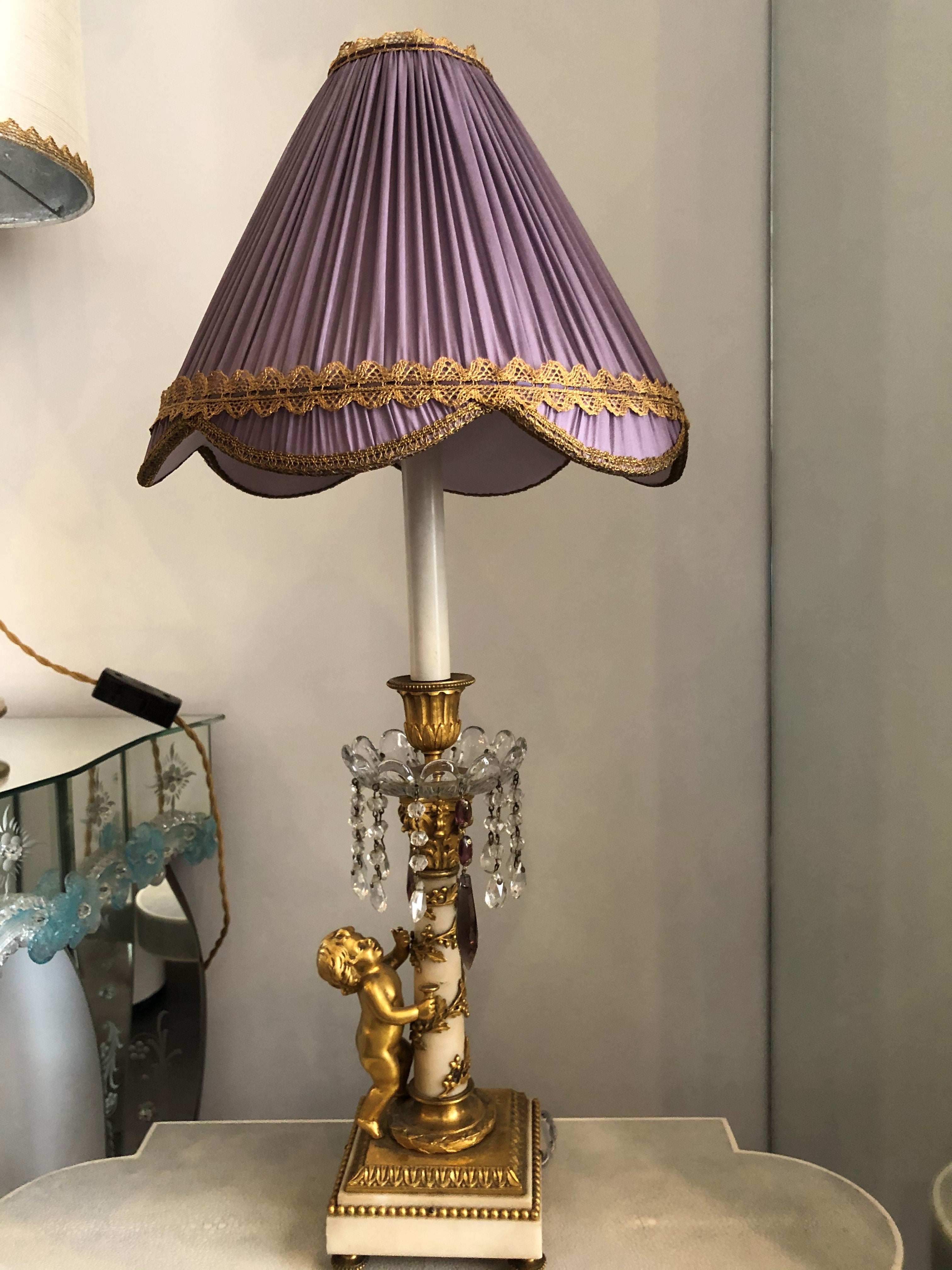 ANTIQUE FRENCH BRONZE AND MARBLE LAMP WITH AMETHYST DROPS AND A CUSTOM SILK SHADE