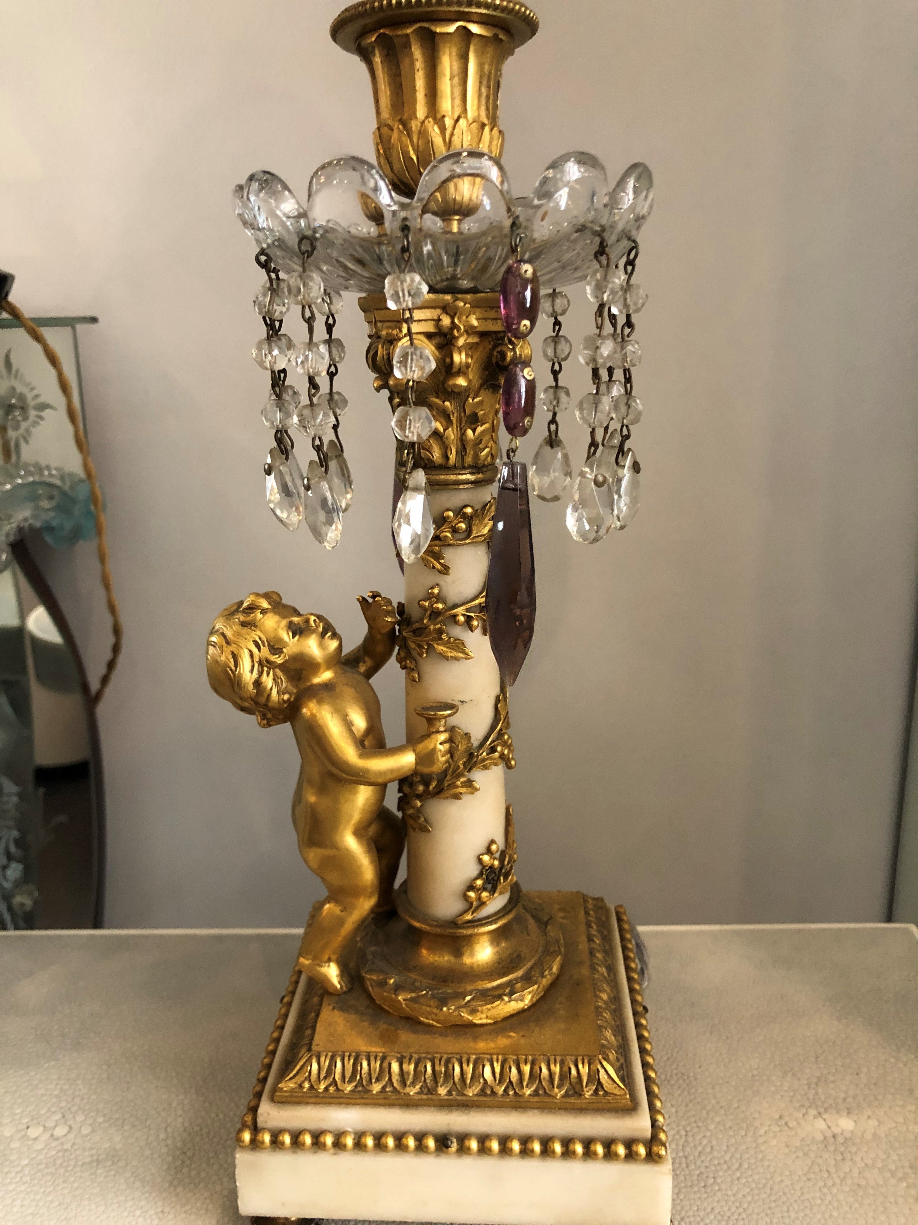 ANTIQUE FRENCH BRONZE AND MARBLE LAMP WITH AMETHYST DROPS AND A CUSTOM SILK SHADE