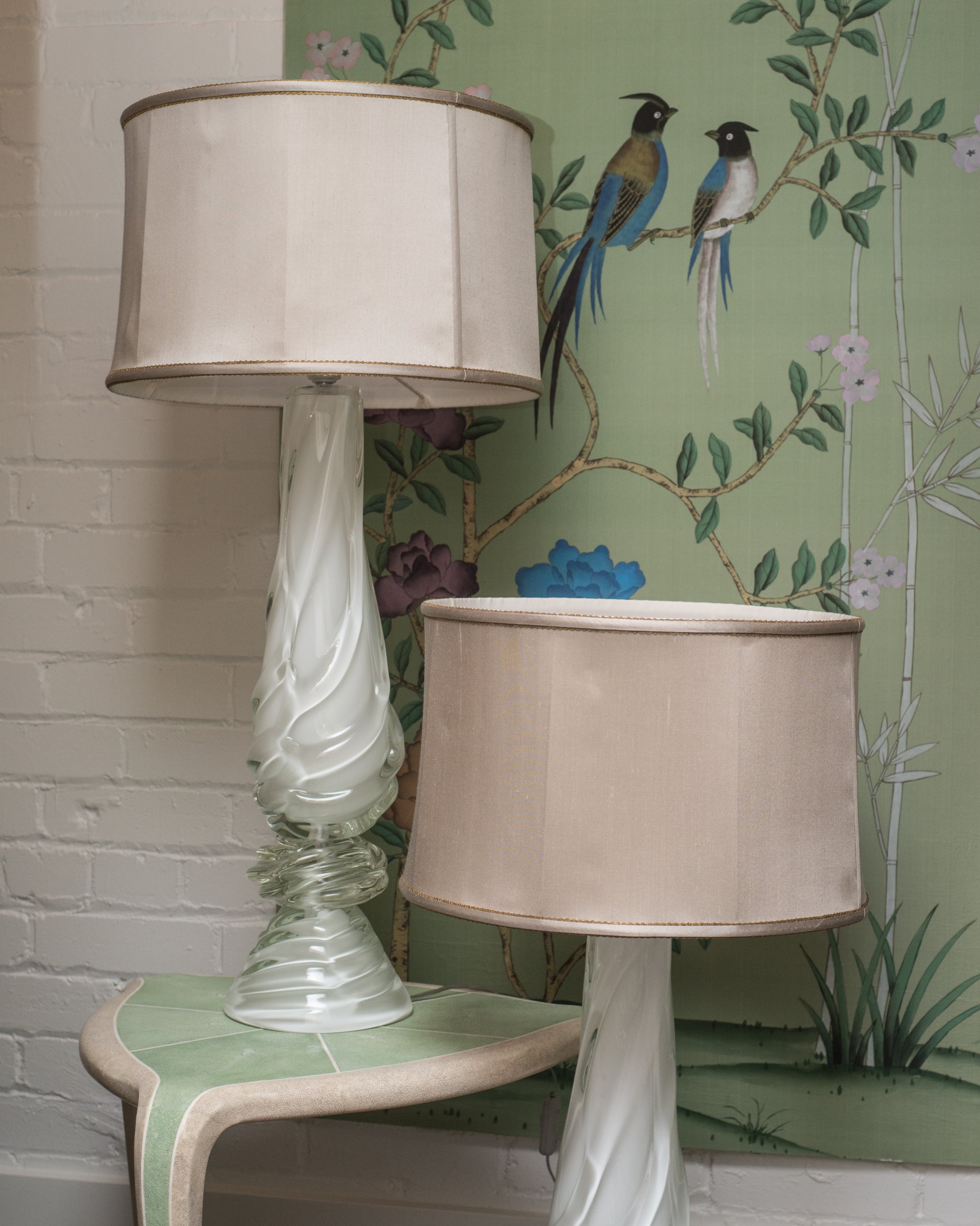 CONTEMPORARY PAIR OF WHITE MURANO GLASS LAMPS WITH CUSTOM SILK SHADES