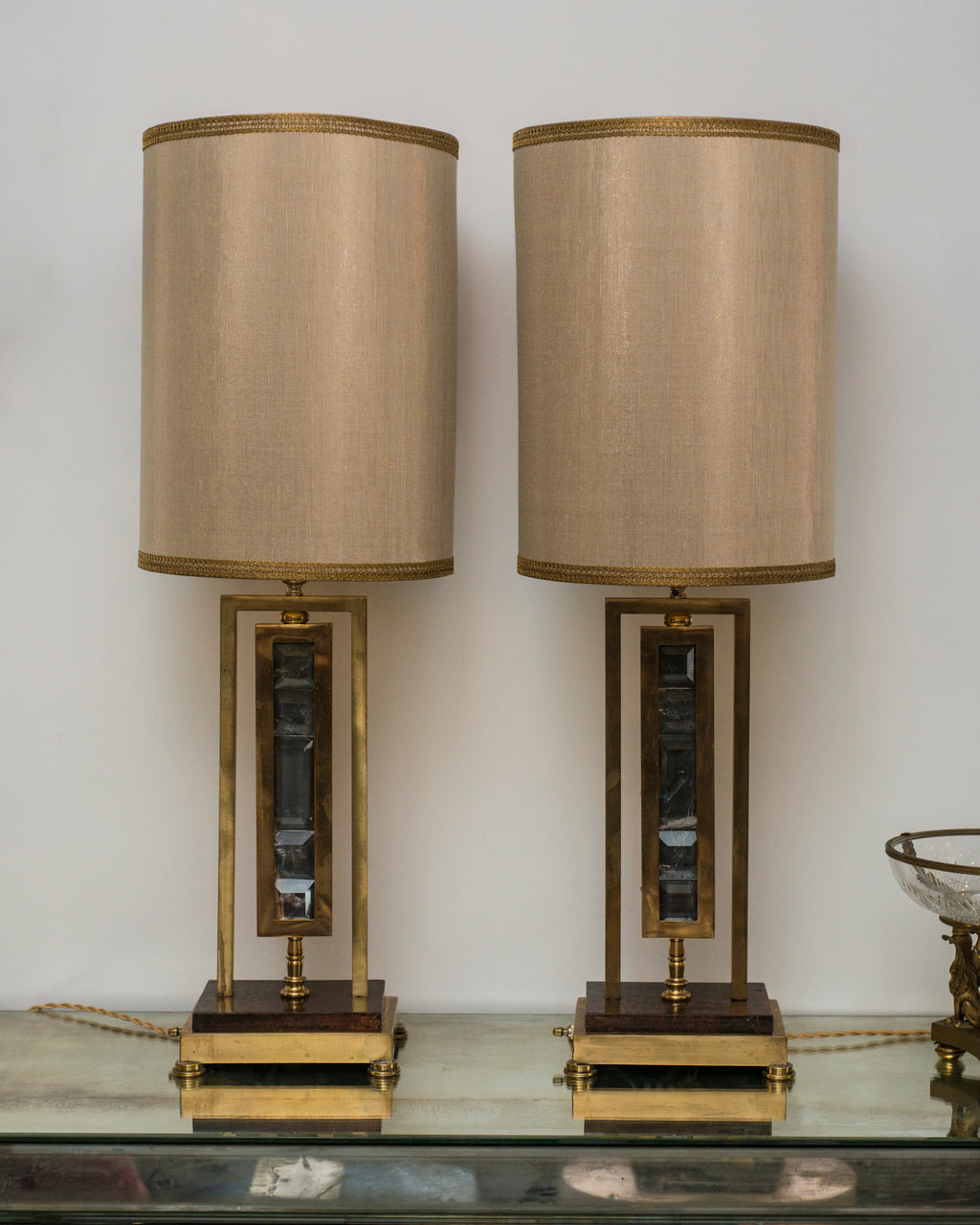 MID-CENTURY PAIR OF BRONZE & SMOKY QUARTZ LAMPS WITH CUSTOM SILK SHADES