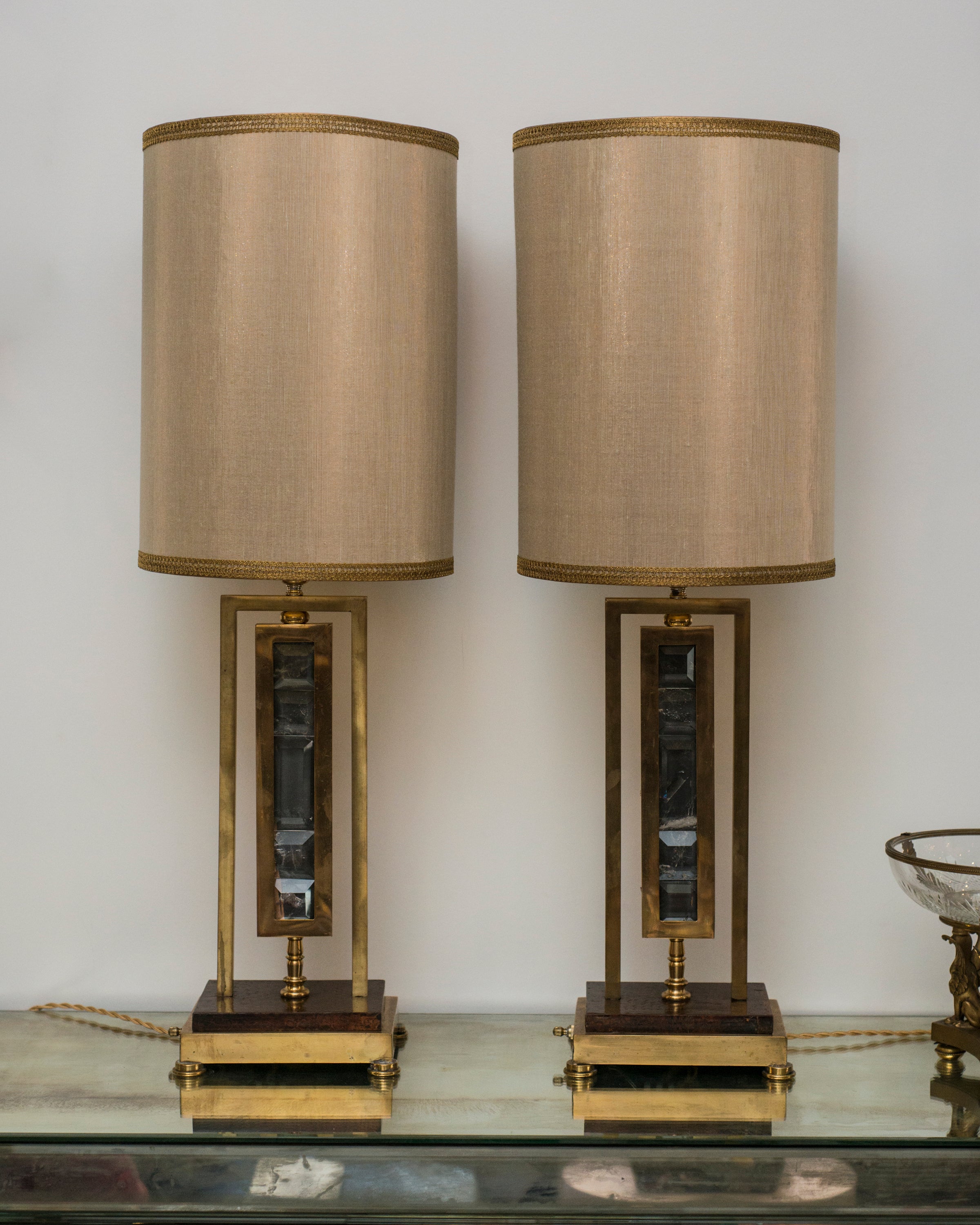 MID-CENTURY PAIR OF BRONZE & SMOKY QUARTZ LAMPS WITH CUSTOM SILK SHADES