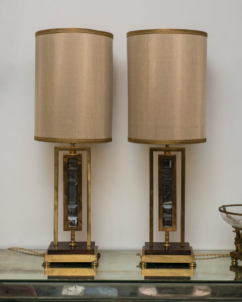 MID-CENTURY PAIR OF BRONZE & SMOKY QUARTZ LAMPS WITH CUSTOM SILK SHADES
