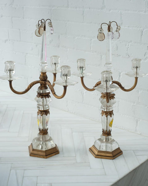 ANTIQUE PAIR OF BAGUES ROCK CRYSTAL CANDELABRAS