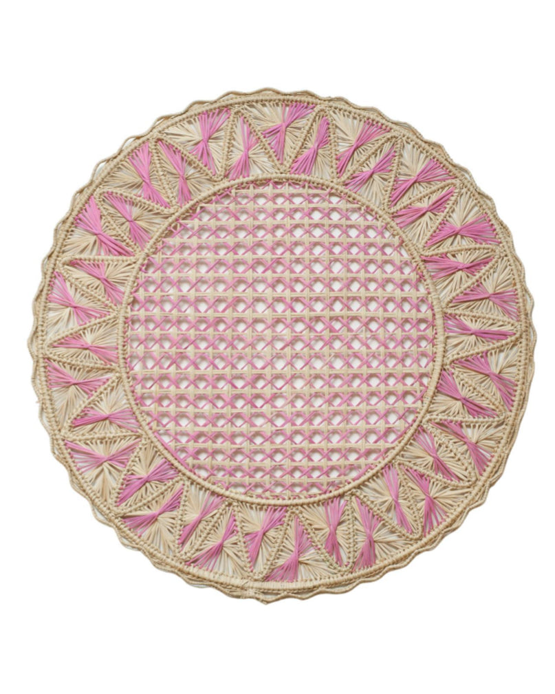 CONTEMPORARY SET OF 6 NATURAL AND PINK RATTAN HANDWOVEN PLACEMATS