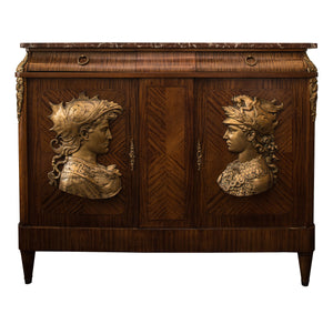 ANTIQUE FRENCH COMMODE WITH BRONZE RELIEFS AND RED BRECCIA MARBLE TOP