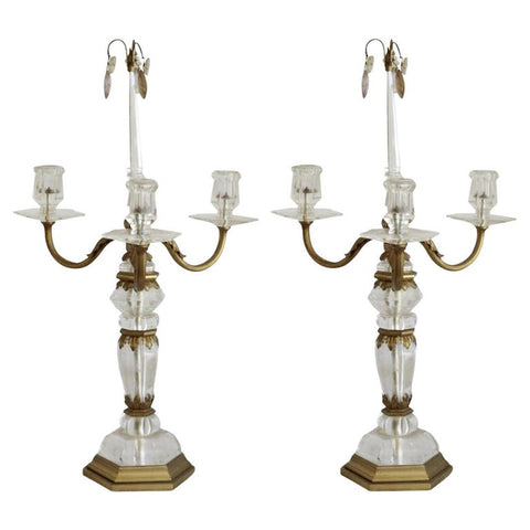 ANTIQUE PAIR OF BAGUES ROCK CRYSTAL CANDELABRAS