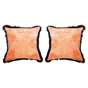PAIR OF ROSE SILK VELVET PILLOW WITH AUBERGINE FRINGE