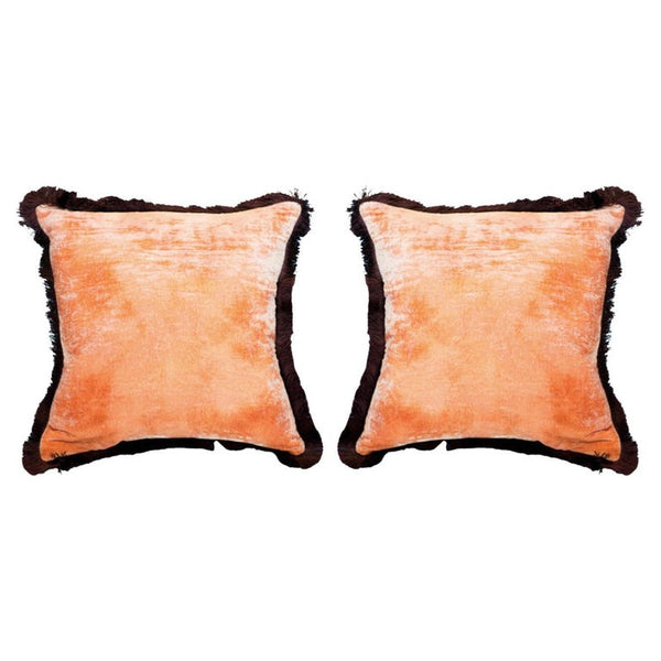 PAIR OF ROSE SILK VELVET PILLOW WITH AUBERGINE FRINGE
