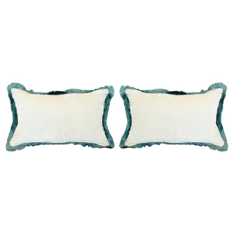 PAIR OF GLACIER BLUE SILK VELVET PILLOW WITH BLUE FRINGE