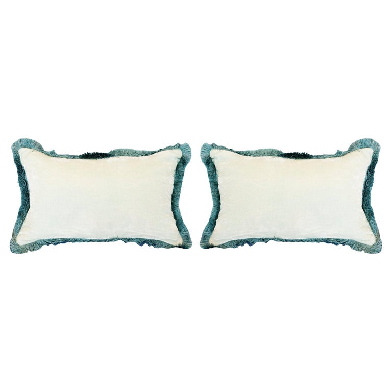 PAIR OF GLACIER BLUE SILK VELVET PILLOW WITH BLUE FRINGE