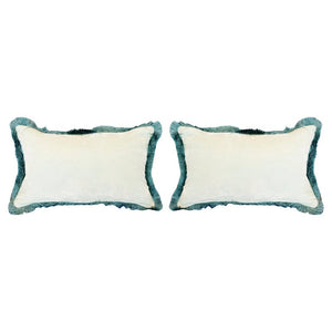 PAIR OF GLACIER BLUE SILK VELVET PILLOW WITH BLUE FRINGE