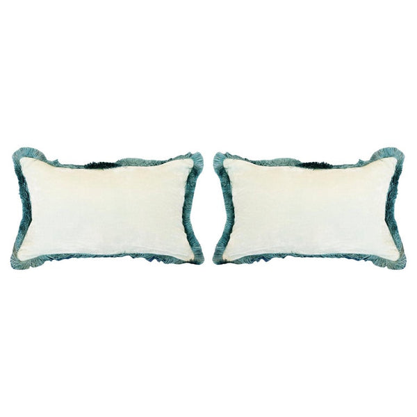 PAIR OF GLACIER BLUE SILK VELVET PILLOW WITH BLUE FRINGE