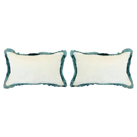 PAIR OF GLACIER BLUE SILK VELVET PILLOW WITH BLUE FRINGE