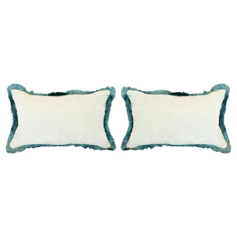 PAIR OF GLACIER BLUE SILK VELVET PILLOW WITH BLUE FRINGE