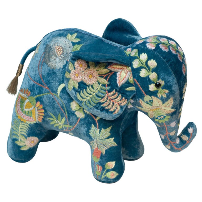EMBROIDERED ELEPHANT IN MADAME BOVARY RIVIERA BLUE VELVET