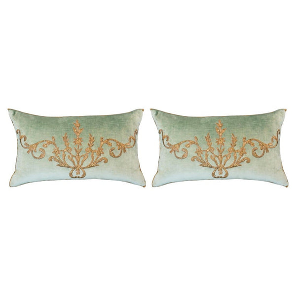 PAIR OF AQUA VELVET PILLOWS WITH ANTIQUE OTTOMAN EMPIRE METALLIC EMBROIDERY