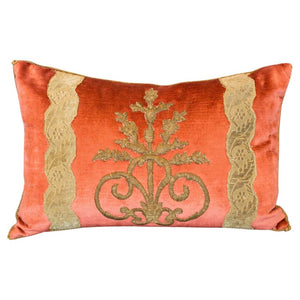 CORAL VELVET PILLOW WITH ANTIQUE OTTOMAN EMPIRE METALLIC EMBROIDERY