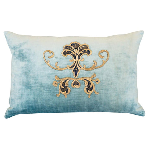 BLUE VELVET PILLOW WITH ANTIQUE METALLIC EMBROIDERY