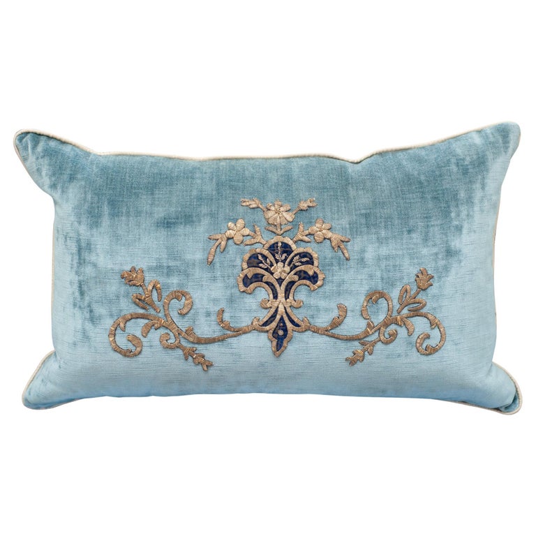 LARGE BLUE VELVET PILLOW WITH ANTIQUE METALLIC EMBROIDERY