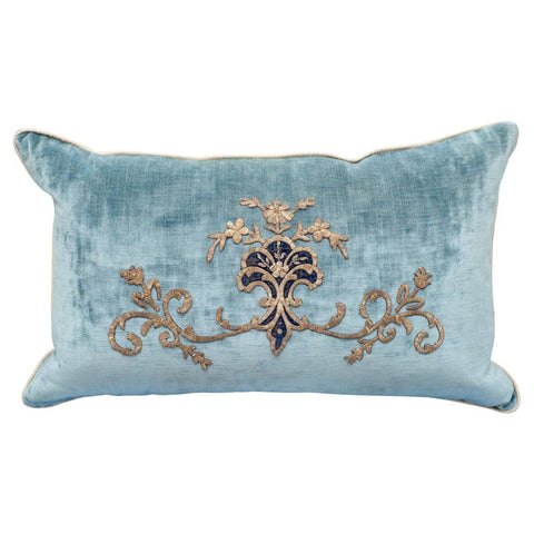 LARGE BLUE VELVET PILLOW WITH ANTIQUE METALLIC EMBROIDERY