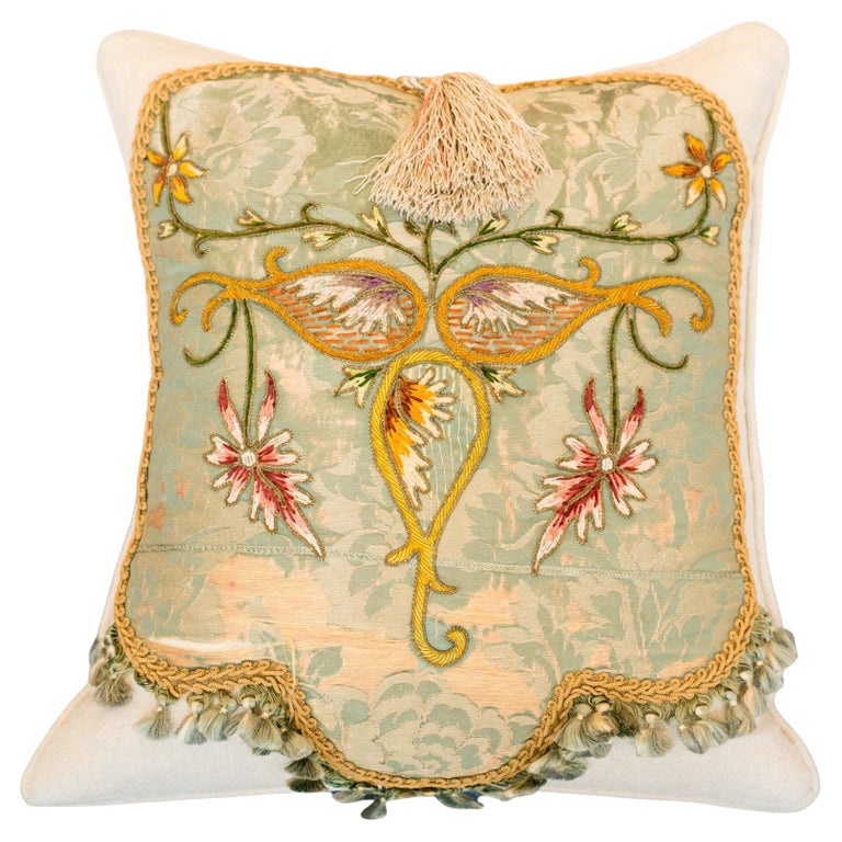 LINEN PILLOW WITH ANTIQUE EMBROIDERED PANEL