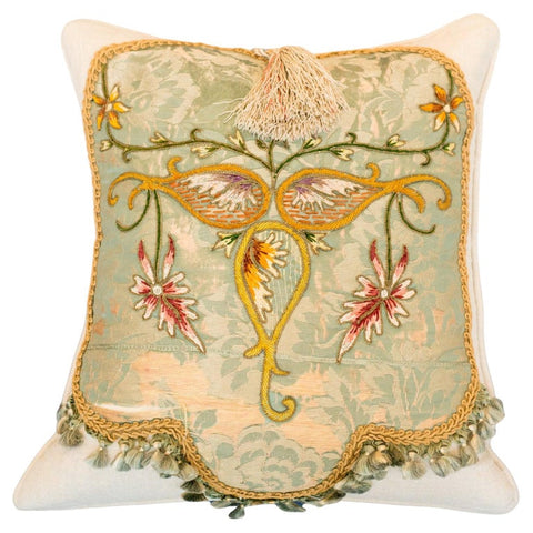 LINEN PILLOW WITH ANTIQUE EMBROIDERED PANEL