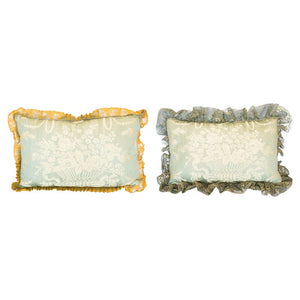 PAIR OF SILK PILLOWS WITH VINTAGE METALLIC LACE TRIM