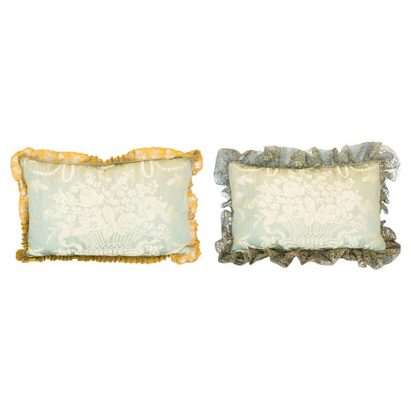 PAIR OF SILK PILLOWS WITH VINTAGE METALLIC LACE TRIM