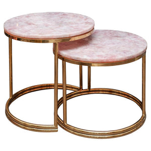 MID CENTURY ROSE QUARTZ AND BRASS NESTING TABLES