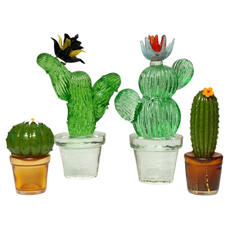 VINTAGE SET OF FOUR SIGNED MARTA MARZOTTO MURANO GLASS CACTUSES CIRCA 1990