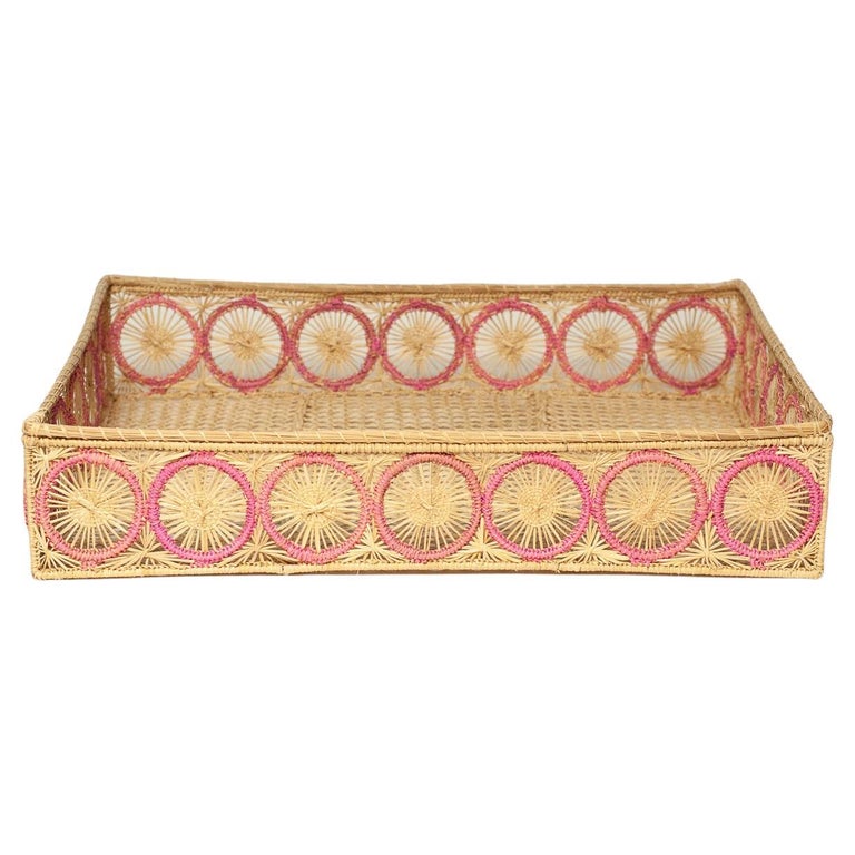 CONTEMPORARY HANDWOVEN NATURAL AND PINK RATTAN RECTANGULAR BASKET