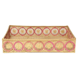 CONTEMPORARY HANDWOVEN NATURAL AND PINK RATTAN RECTANGULAR BASKET