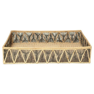 CONTEMPORARY HANDWOVEN NATURAL AND GREY RATTAN RECTANGULAR BASKET