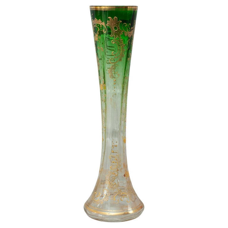 ANTIQUE MOSER GREEN TO CLEAR VASE WITH GILDED DETAIL