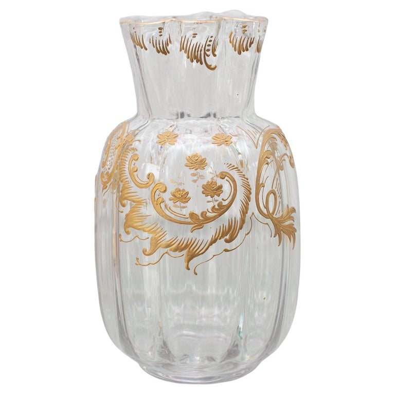 ANTIQUE MOSER ROUND CRYSTAL VASE WITH FLORAL GILDING