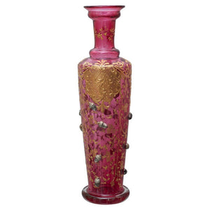 ANTIQUE MOSER CRANBERRY BUD VASE WITH GILDING AND ACORNS