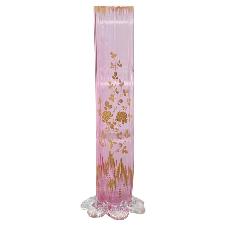 ANTIQUE MOSER LIGHT PINK BUD VASE WITH FLORAL GILDING
