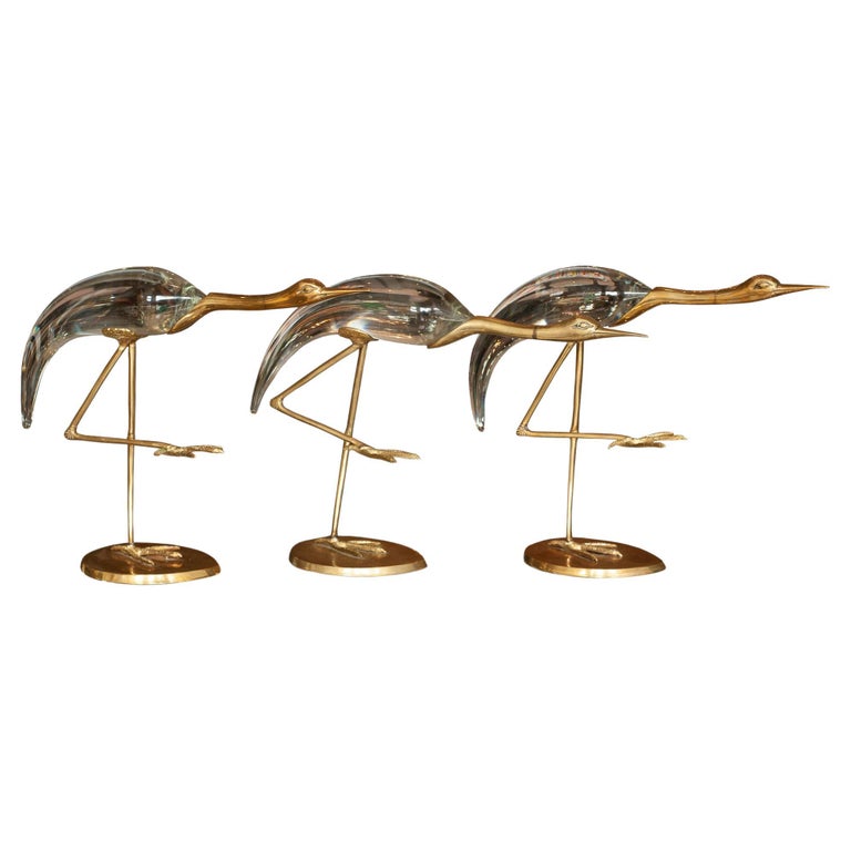 MID CENTURY TRIO OF ITALIAN GLASS AND BRONZE CRANES